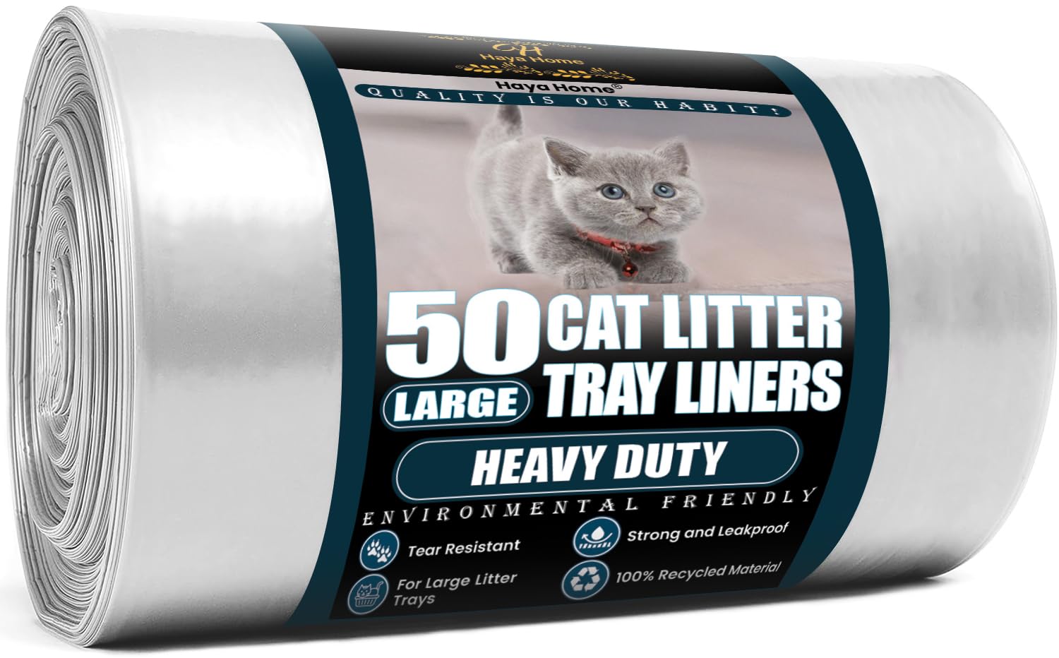 Haya Home Eco 50 Large Heavy Duty Cat Litter Tray Liners on a roll 40μm 80 X 36 cm Claw Scratch Resistant Strong thick Cat Litter Box Plastic Bags Environmentally Friendly 100% Recycled Material