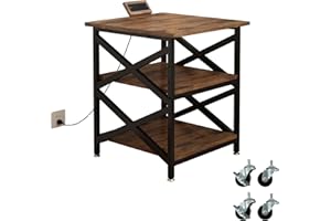 METYERRY Large Printer Stand with Power Outlet, with Height Adjustable Storage Shelf, 3 Tier Rolling Printer Cart with Industrial Wheels, 23.6 x 23.6 Inches Printer Table for Home Office, Rustic Brown