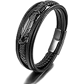 Vanski Mens Multilayer Braided Leather Bracelet Stainless Steel Angel Wing Feather Bracelet for Men (Gold (Updated Clasp), Inches, 8.26)