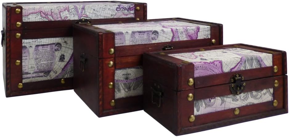Fine Gifts 3 Various Sizes Decorative Wooden Storage Chest Trunks in our 'Around the World' Design - Gift ideas for Mum, Mothers Day, Christmas, Birthday, Keepsake, Toy Box