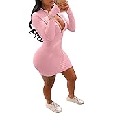 TINYHI Front Zipper Bodycon Dress Party Long-Sleeve Club Dresses