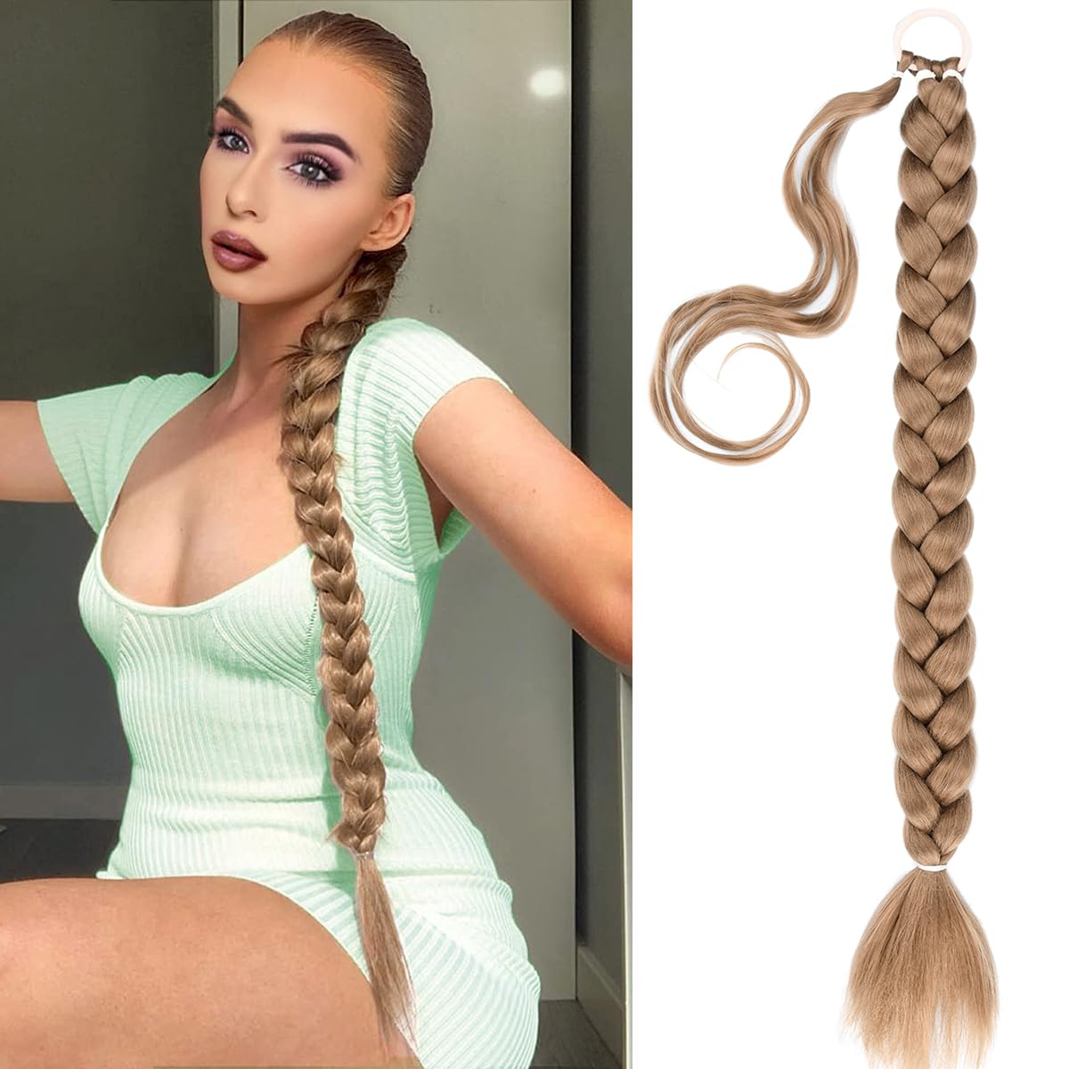 Gledola Long Braided Ponytail Extension 30 Inch Pre stretched Braiding Hair Extensions DIY Braid Ponytail Synthetic Hair Piece (Ash Brown, 30 inches)