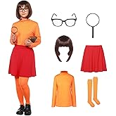 SERTAS Women Halloween Costumes Adult, Orange Turtleneck Top, Red Skirt, Brown Bob Wig, Socks, Glasses and Magnifying Glass