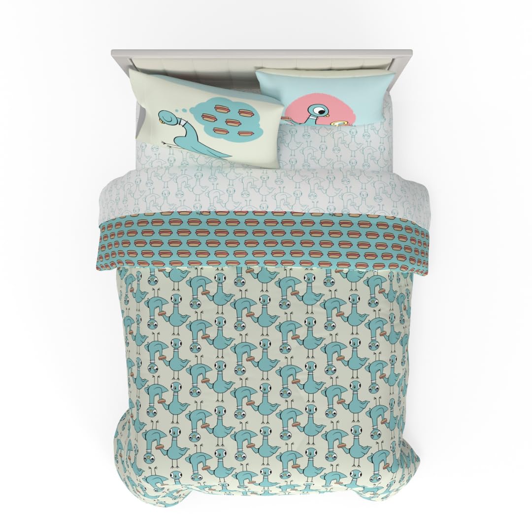 The Pigeon Finds A Hot Dog Full Bedding Set – 7 Piece Super Soft Microfiber Reversible Comforter, Sheet Set & Sham - Book by Mo Willems (Officially Licensed Product) by Franco Image