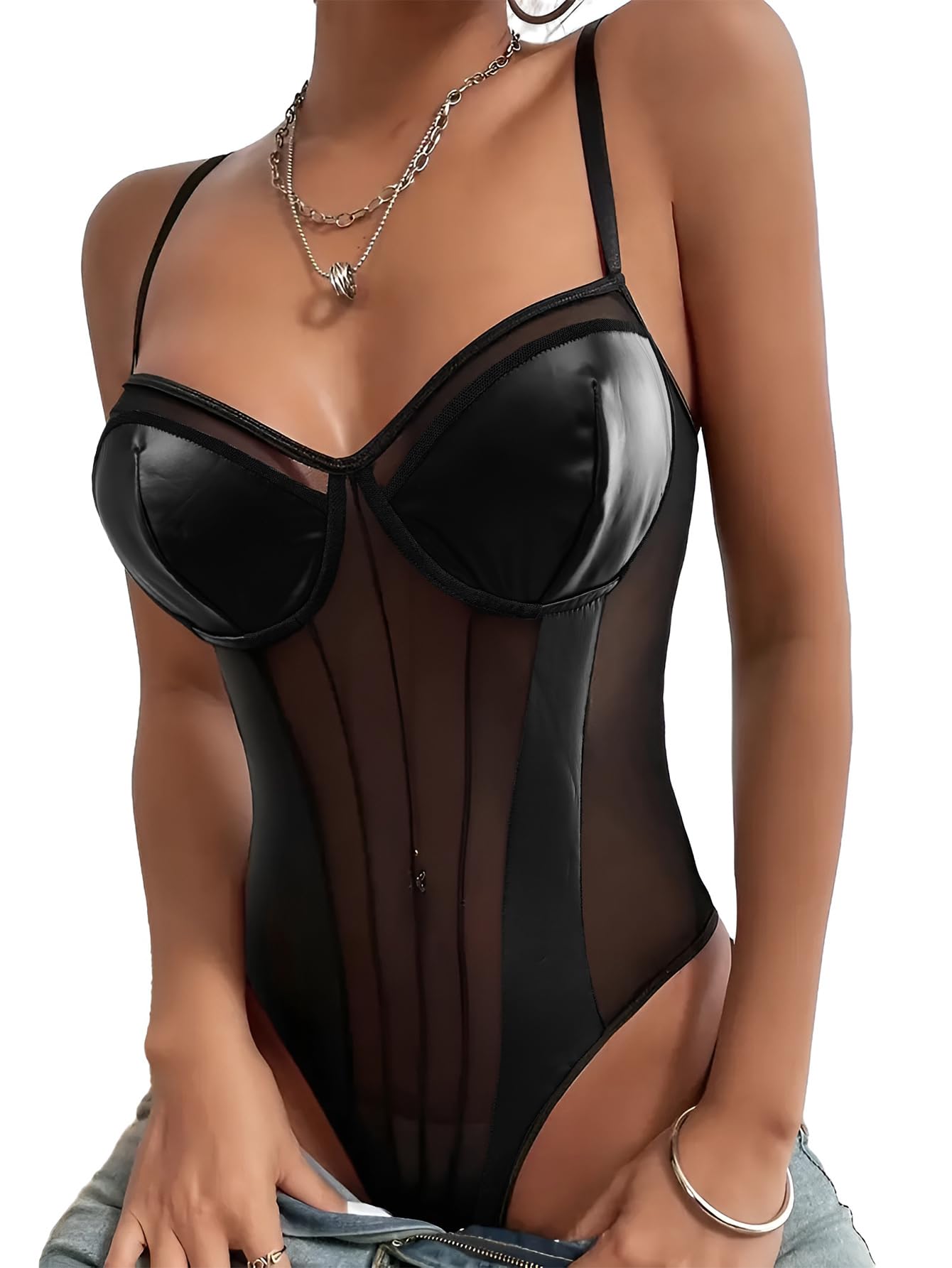 Photo 1 of Lilosy Sexy Strappy Wireless Mesh Sheer Babydoll Lingerie Women Teddy Bodysuit Corset Bustier Nightgown Nightshirt See Through One Piece PU Latex Black Medium