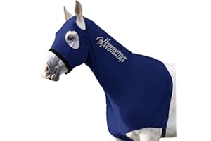 Horzmetnex Horse Stretch Hood Without Ears with Dual-Sided Reflective Letters,Safety Night Visibility,Lycra Mane Protector, Horse Hood, Mane Protection, Show Prep, Training (Navy, L)