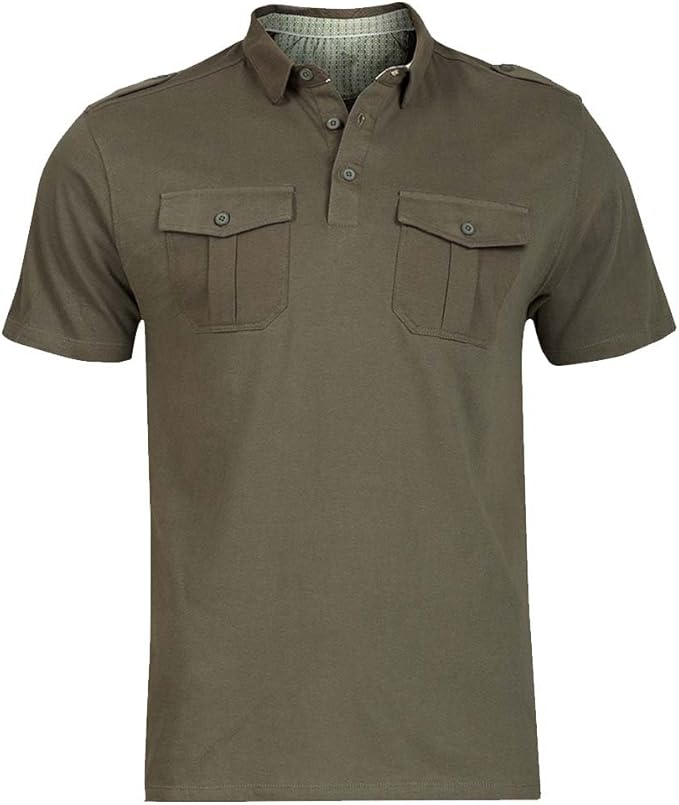 Mens Polo Shirt Casual Khaki Green Twin Chest Pocket Army Style T Shirt