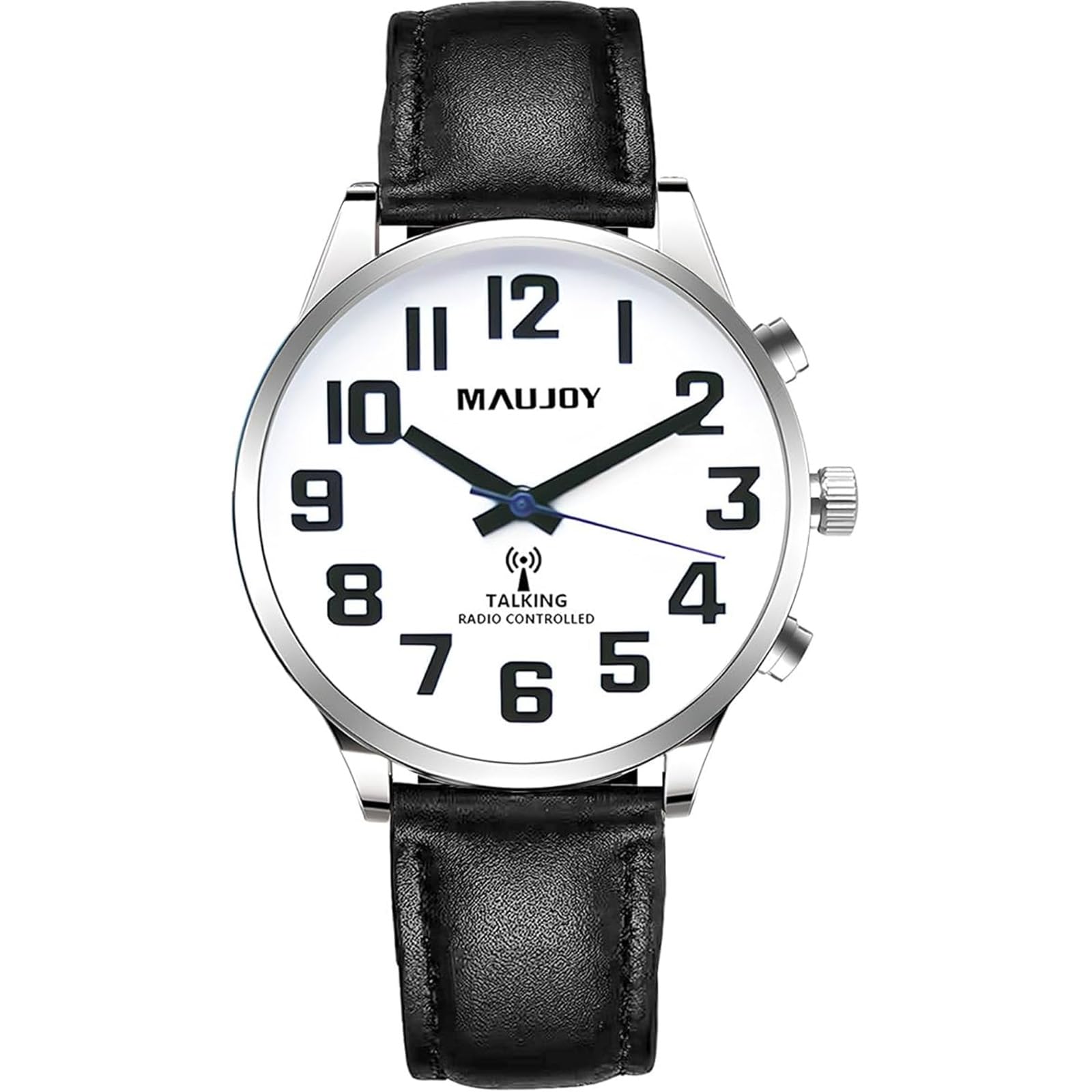 MAUJOY Men's English Accent Atomic Talking Watch(Black Leather Strap) Announces Time & Date, Aids Independent Living for Elderly, Visually Impaired & Blind