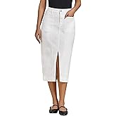 luvamia Jean Skirts for Women Denim Trendy Casual Stretchy High Waisted Midi Front Pockets Below Knee Skirt with Slit