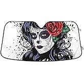 YYZZH Sugar Skull Girl Rose Car Windshield Sun Shade Block UV Rays Sun Visor Protector Accordion Folding Sunshade Keep Vehicle Cool and Damage Free, Easy to Use, Fits Windshields of Various Sizes