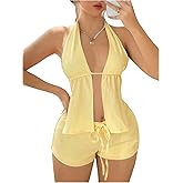 SHENHE Women's Y2k 2 Piece Outfits Sexy Backless Open Front Halter Top and Shorts Going Out Set