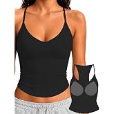 Danysu Padded Tank Tops for Women Double Line V Neck Racerback Camisole | No See Through, Sewn in Pads, Fitted Stretchy, Spaghetti Strap, Seamless, Crop Length, Y2K, Yoga, Casual, Summer Cami Tops