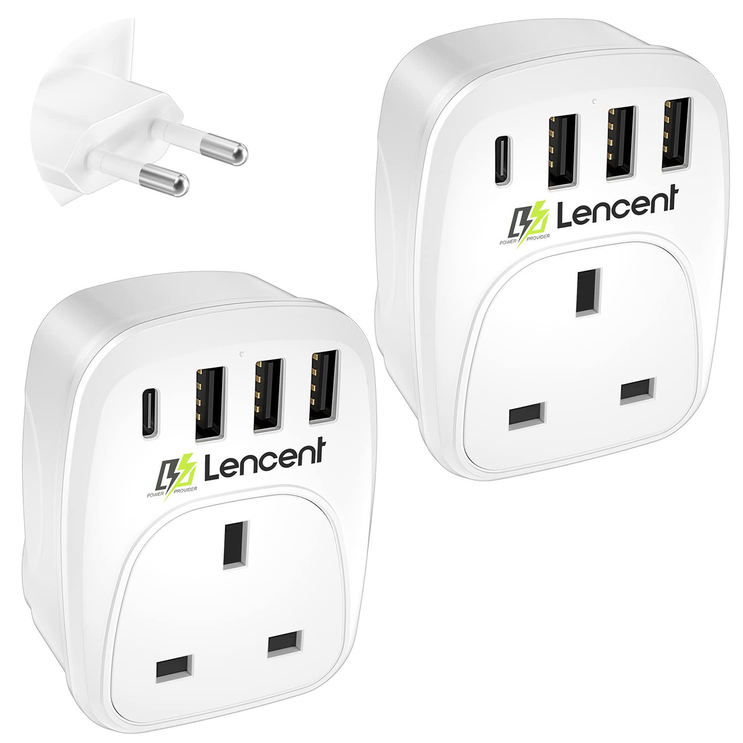 LENCENT 2 Packs UK to EU Euro Europe Plug Adapter, European Travel Adapter with 3 USB Ports and 1 USB C Port for Italy Switzerland Germany Spain France Portugal Greece Netherlands and more (Type C)