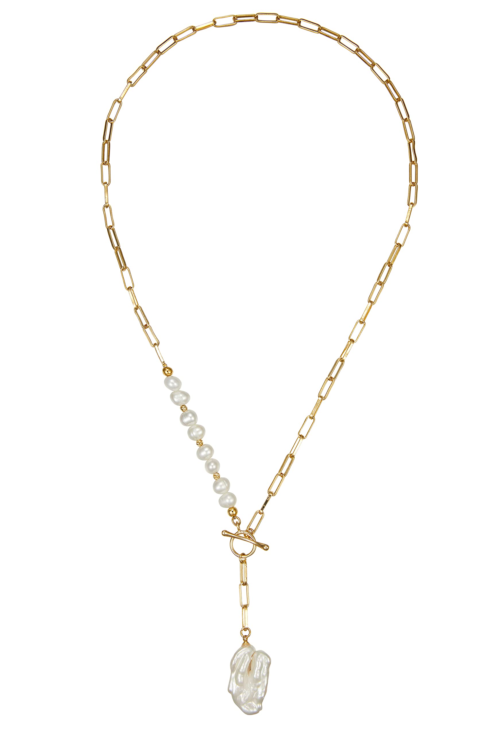 KVLmoze Paper Clip Necklace, Pearl Pendant Necklace 18k Gold Plated Chunky Chain 3cm Irregular Pearl Charm Vintage Stylish Necklace for Women Girls