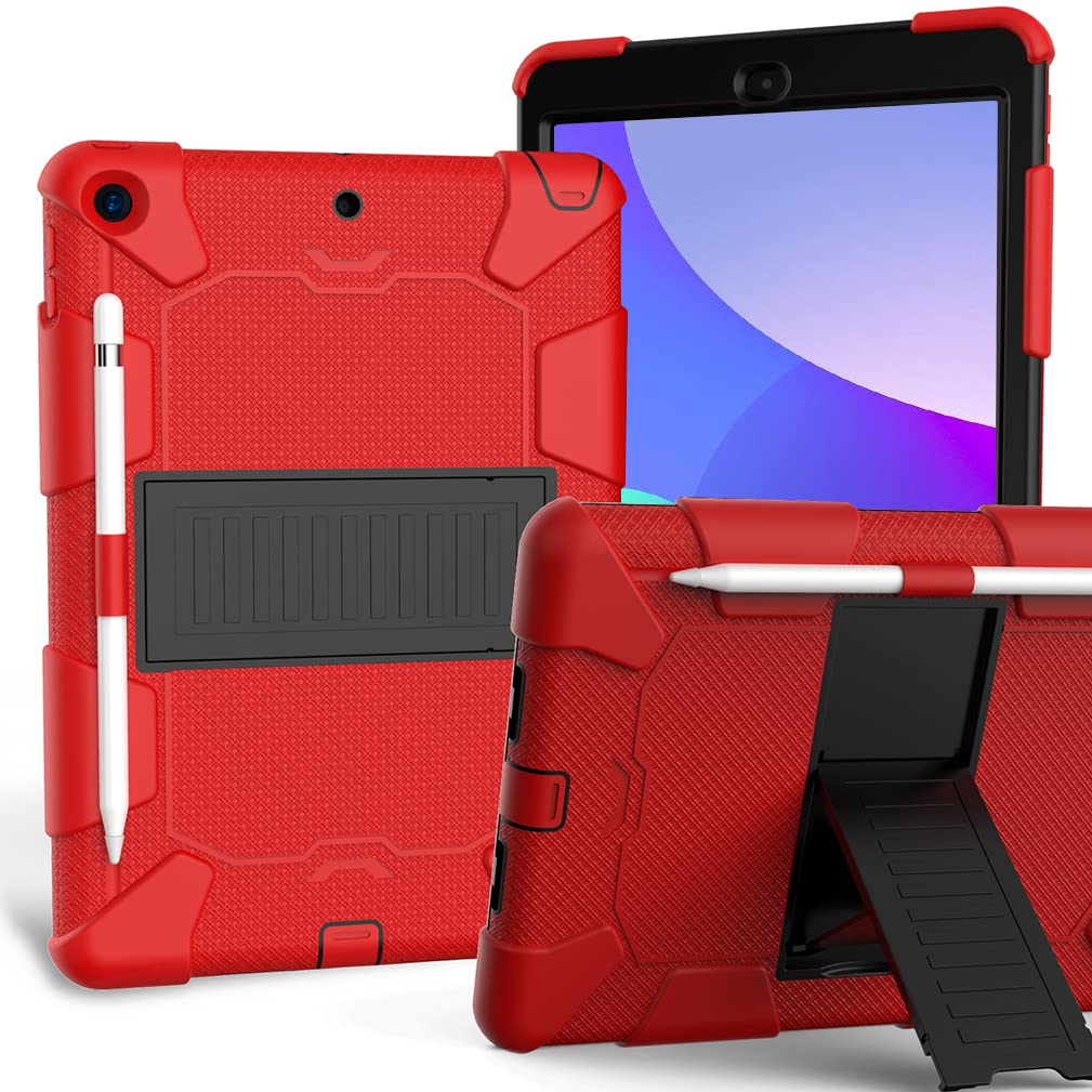 Case for iPad 10.2 Inch 9th/8th/7th gen 2021/2020/2019 with Three-in-one design, shockproof Robust case with pencil holder and stand- Red+Black