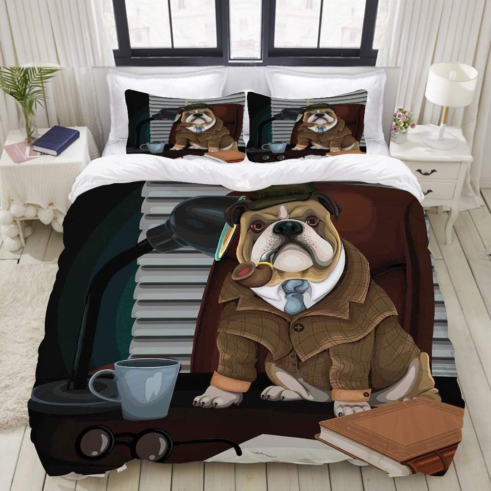 VAMIX Duvet Cover Set, Traditional English Detective Dog with a Pipe and Hat Sherlock Holmes Image, Decorative 3 Piece Bedding Set with 2 Pillow Shams, Queen Size