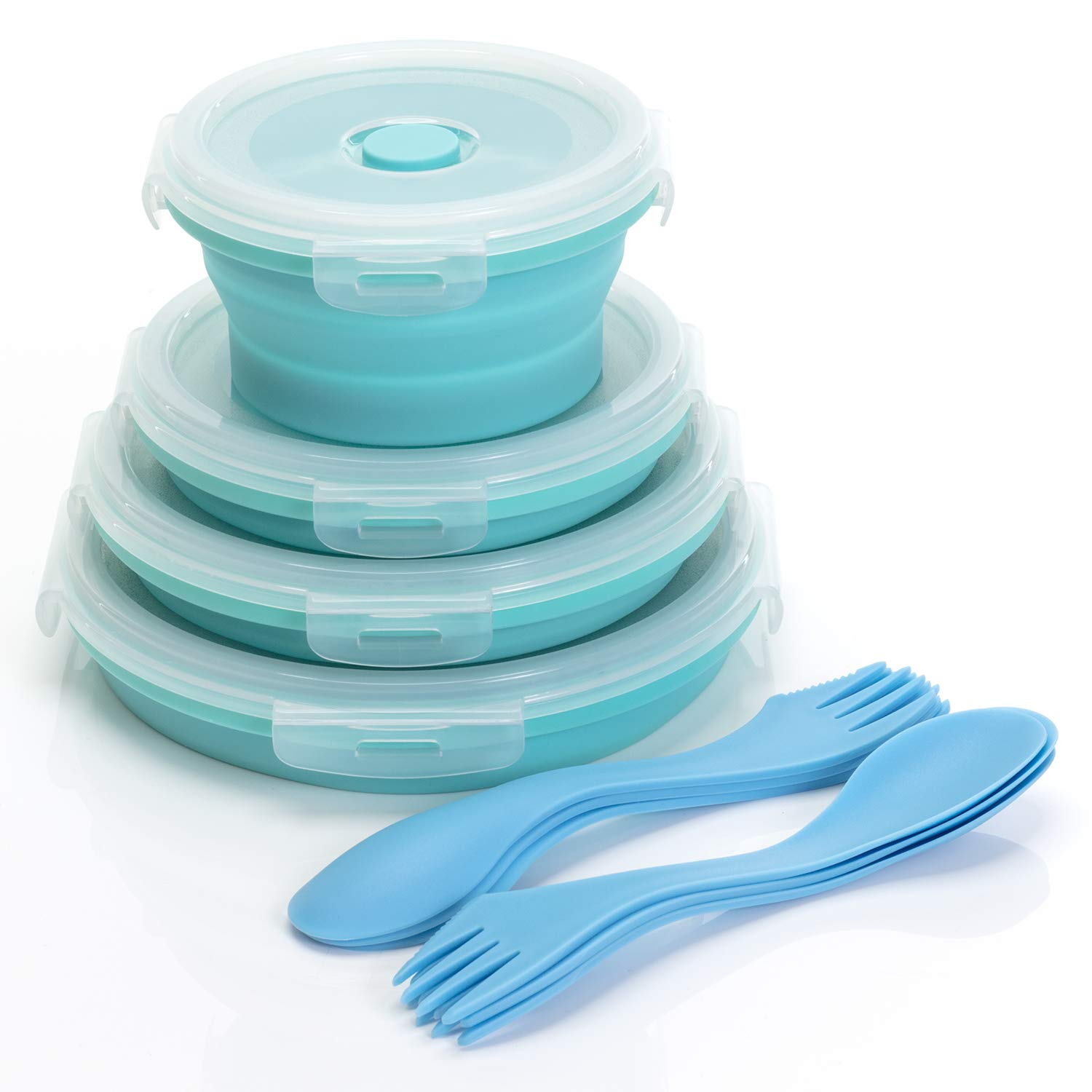 Set of 4 Collapsible Food Storage Containers With Lids 1200ml/800ml/500ml/350ml - Silicone Leak-Proof Airtight Microwave & Dishwasher-Safe Stacking Leftover Meal Container Thin Lunch Bento Box Bowls