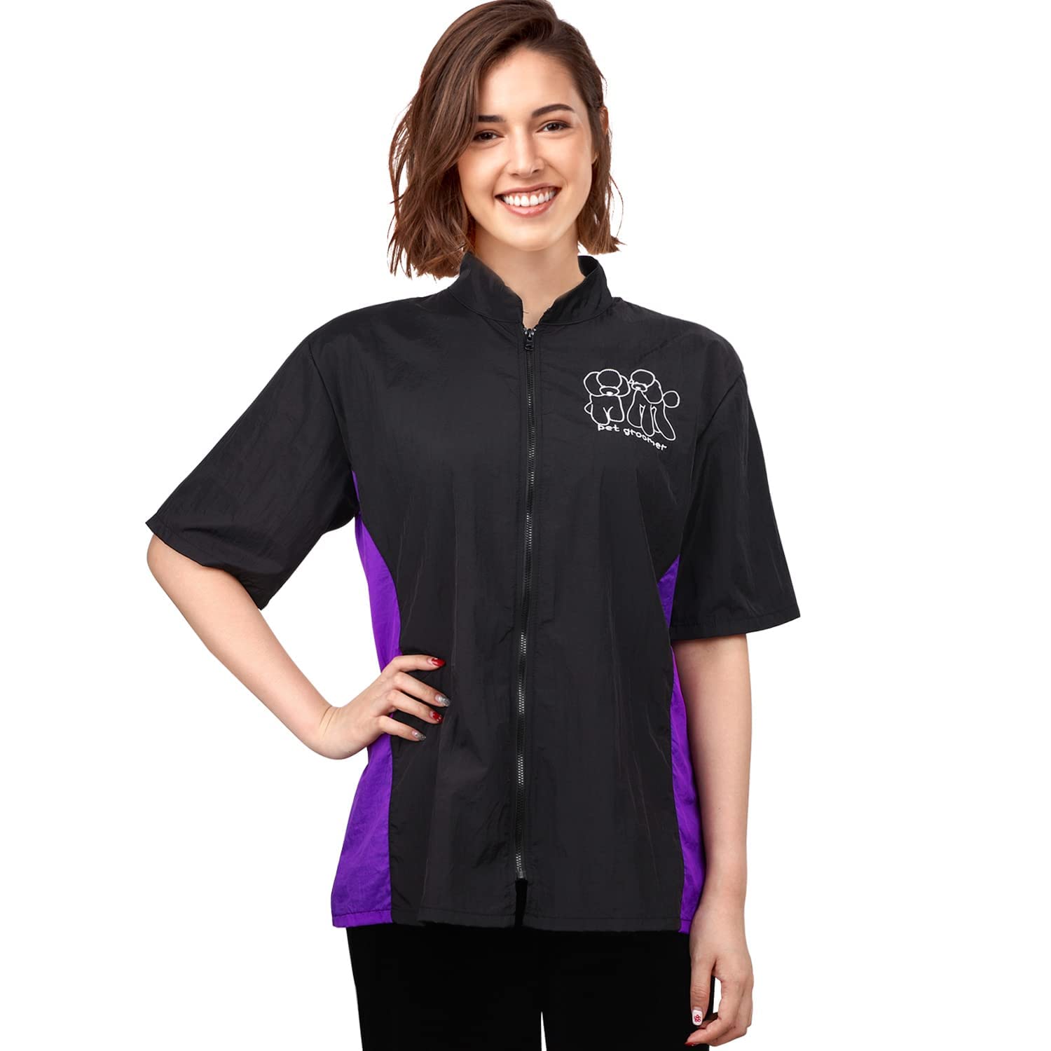 Noverlife Pet Grooming Workwear With Full Zipper, M Size, Anti-Static Beautician Clothes, Lightweight Hair Repellent Shirt Style Groomer Smock for Dog Cat Grooming Shop