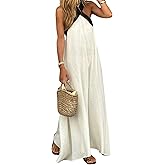 CHARTOU Women Summer Vacation Halter Neck Crossover Contrast Trim Cotton Linen Flowy Long Dress