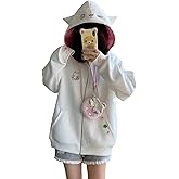 GOTHPICKUS Y2K Kawaii Embroidery Spot Hoodies Zip Up Drawstring Cute Cat Ear Ribbed Jacket Oversize Casual Streetwear
