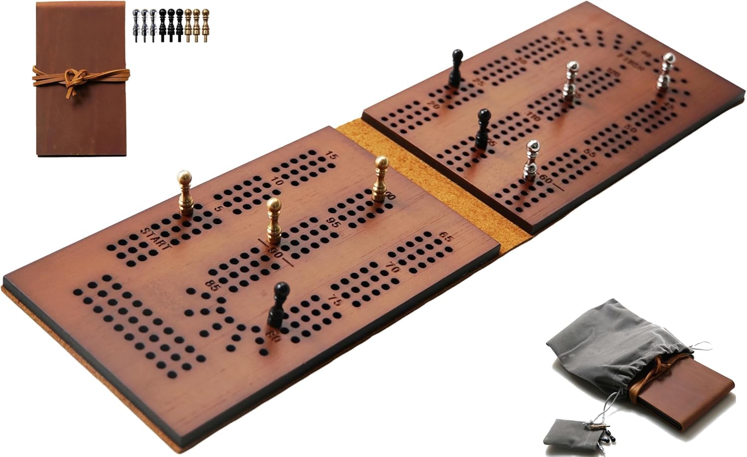 Travel Cribbage Board Game Leather & Solid Bambo-Wood Pocket Sized Tiny Card Game Board