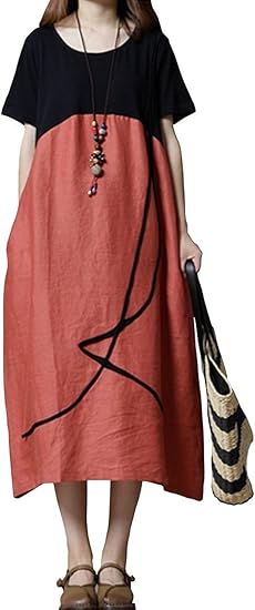 Amazon Tao Hui ワンピース レディース 夏 リネン 麻 コットン ひざ丈 ミモレ丈 半袖 グレー オレンジ ワンピース チュニック 通販