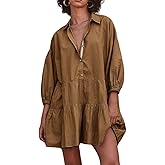 myzgx Women's Summer Puff Sleeve Tiered Babydoll Dress Cute Button Down Mini Shirt Dress Sundress