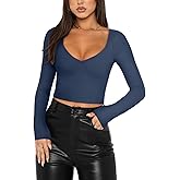REORIA Women's Basic Sexy V Neck Long Sleeve Slim Fitted Cropped T Shirts Fall Fashion Going Out Crop Tops