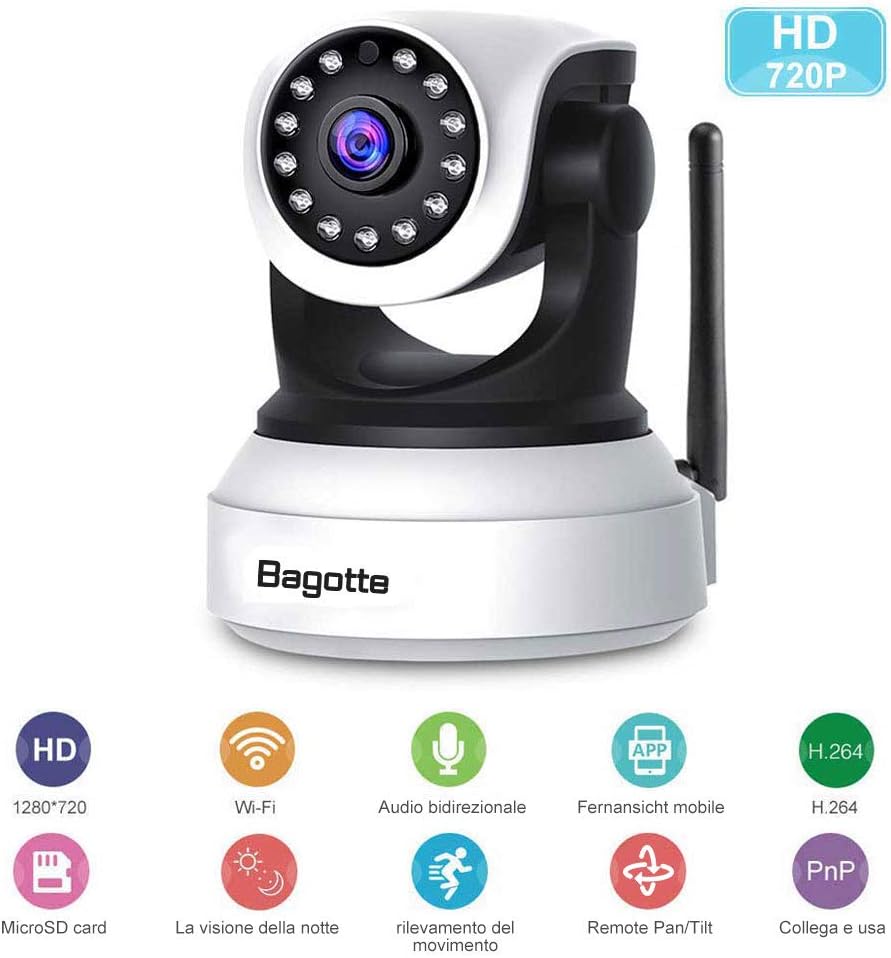 Bagotte Surveillance Camera, IP Camera 720P WiFi P2P Pan/Tilt Security Camera with Motion Sensor, Night Vision, Microphone and Speaker for Home/Baby Monitor, black, Bagotte SP017