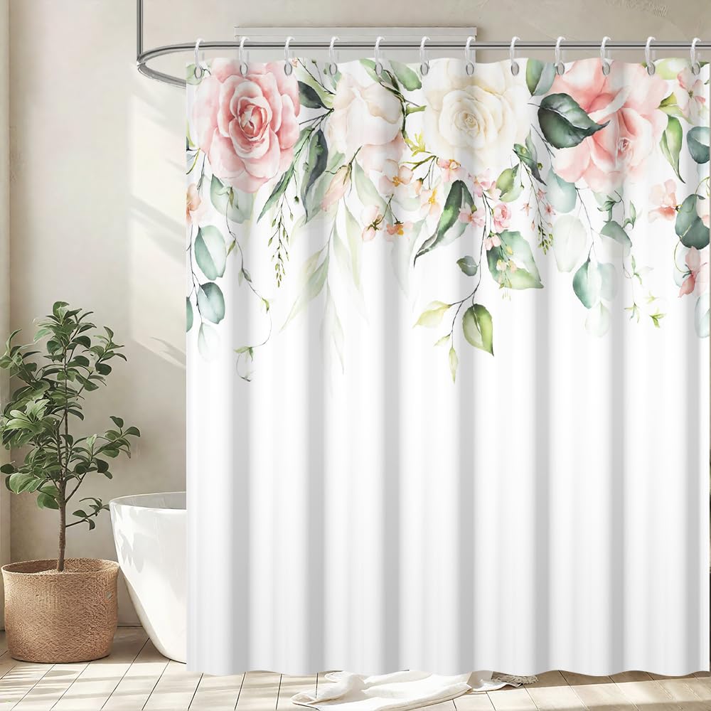 Uiiooazy Eucalyptus Shower Curtain, Sage Green Leaves Pink White Floral Motif Bath Curtain Mildew and Mould Resistant Waterproof Polyester Fabric Washable Bathroom Curtain with 12 Hooks 180Wx180Hcm — image 1