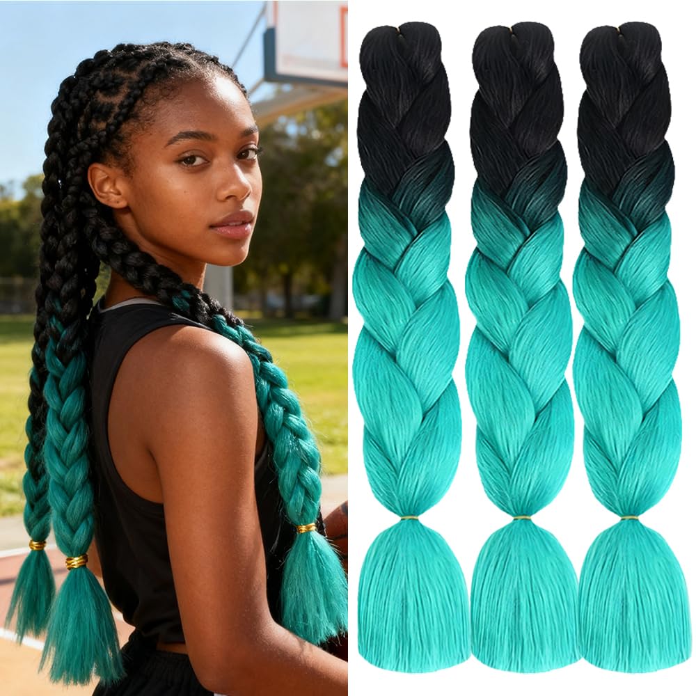 ShowJarlly Box Braid Hair Extensions, 24inch Black/Cyan Ombre Jumbo Braid Hair, 3Packs Synthetic Jumbo Braiding Hair Extension Afro Hair Extensions for Braiding Crochet Twist Braids — image 1