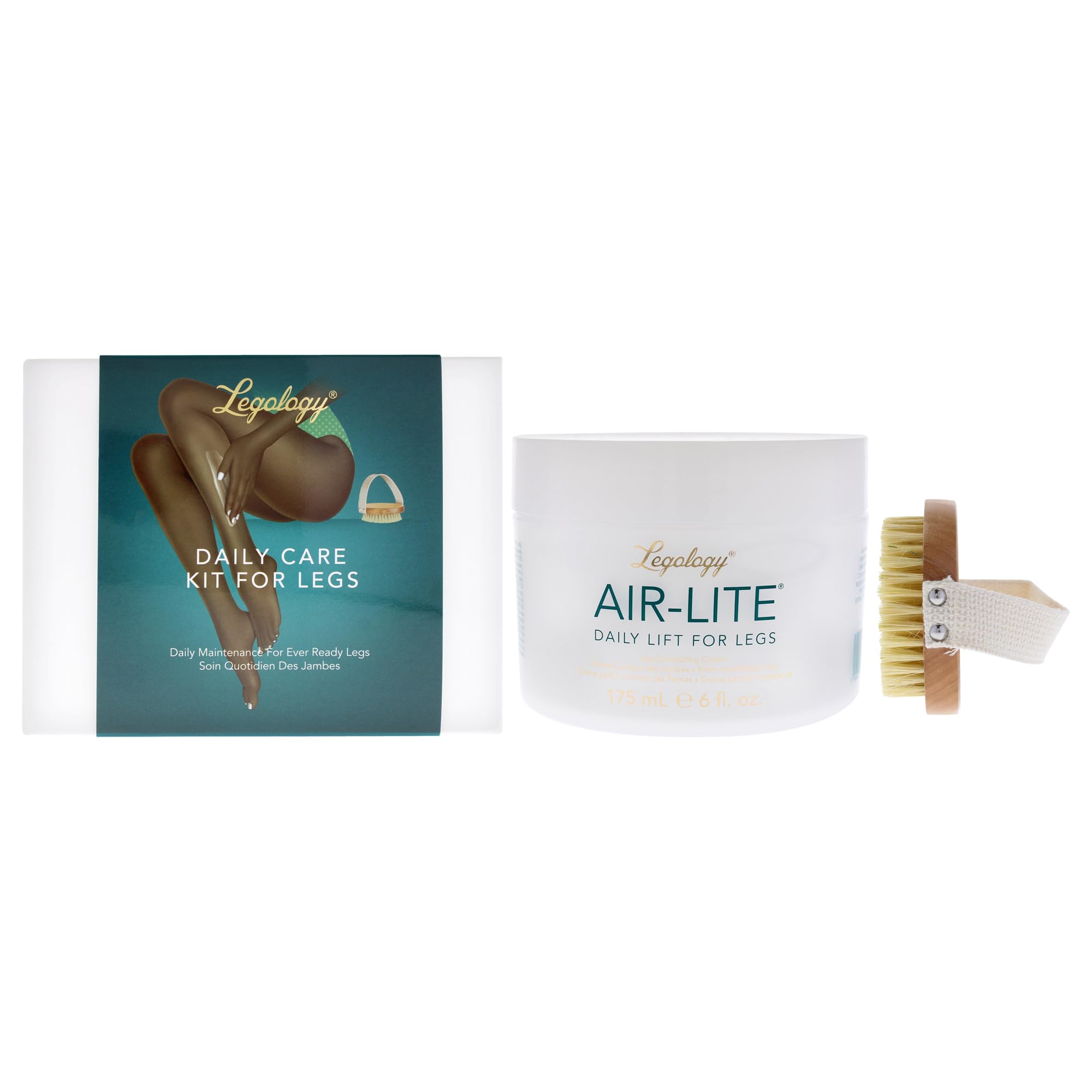 Legology Daily Premium Skin Care Kit for Legs - White Towelling Mini Vanity Gift Case with Air-Lite Leg Contouring & Firming Cream & Lymph-Lite Natural Exfoliating Body Brush for Detox & Cellulite