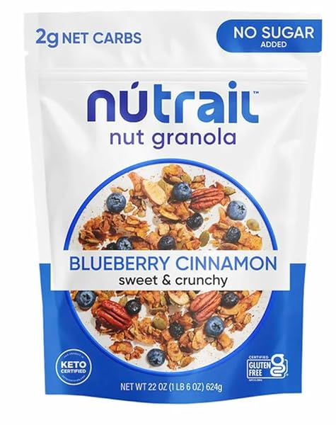 LOW KARB NUTRAIL, KETO BLUEBERRY NUT GRANOLA HEALTHY BREAKFAST CEREAL, LOW CARB SNACKS & FOOD, ALMONDS, PECANS, COCONUT AND MORE, 2G NET CARBS, 1.37 LB, 22 OZ