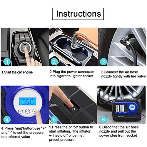 12V DC Air Compressor Pump, Digital Tire Inflator by 150psi, 12V Preset Pressure Tire Pump with Connect Clamps and 3 High-Air Flow Nozzles Perfect for Bicycle, Sport Balls and Other Inflatables