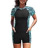 Daci Women's 2 Piece Rash Guard UPF 50+ Short Sleeve Swim Shirt with Shorts Swimsuit with Pockets and Built-in Bra