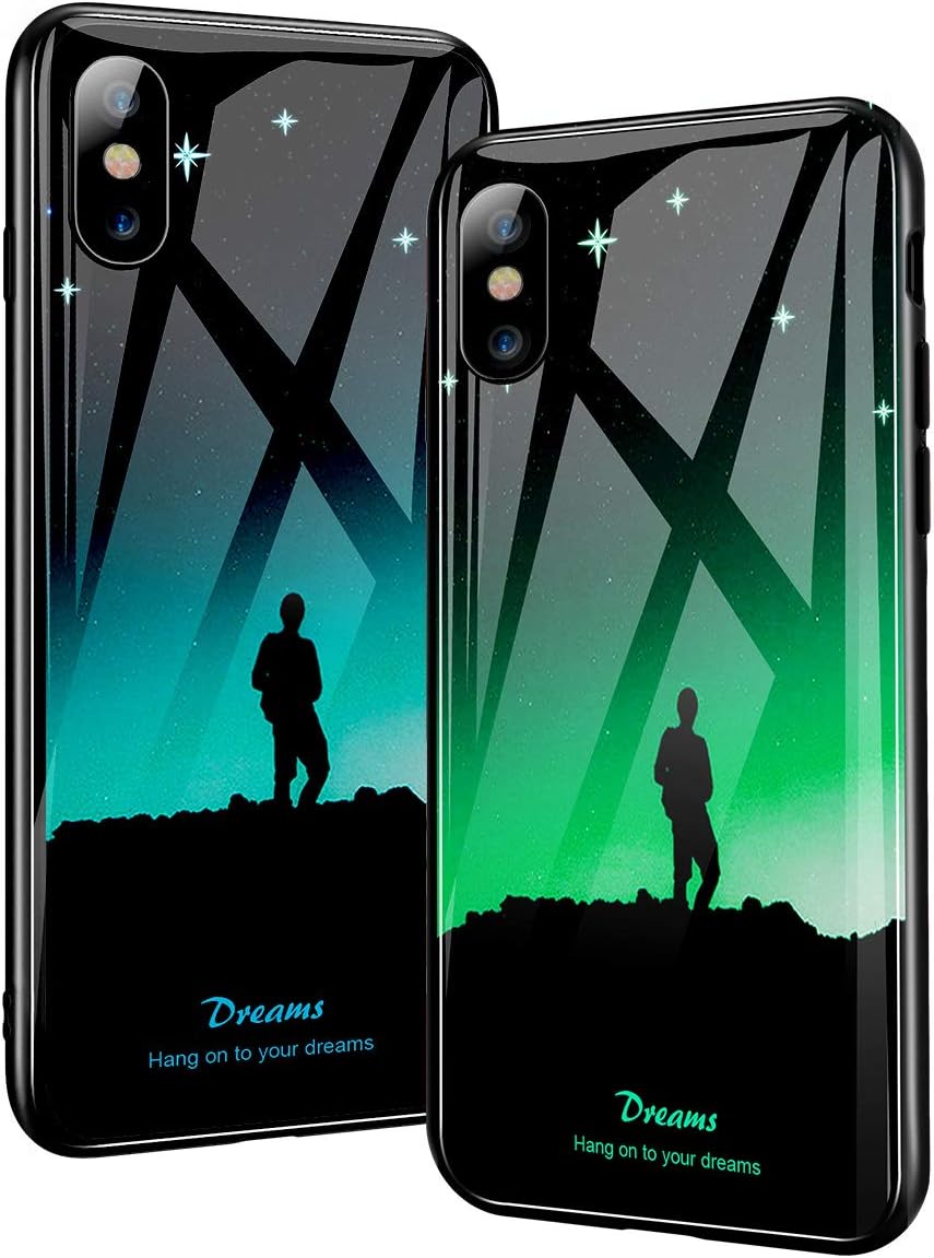 Fit iPhone X Case and iPhone Xs Case,Luminous Noctilucent Tempered Glass Back Cover with Cool Pattern Glows in Dark Case with Slim Fit Soft Silicone Bumper for Girl Women Boy and Men … (Dream)