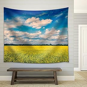 Spring Summer Background - Vintage Retro Effect Filtered Hipster Style Image of Yellow Canola Field with Blue Sky - Fabric Wall Tapestry Home Decor - 51x60 inches