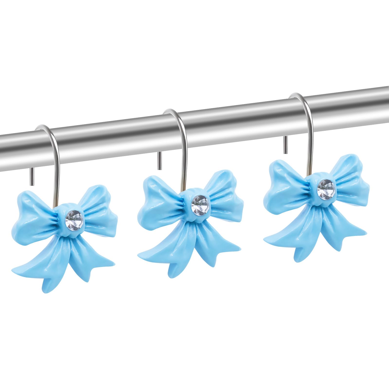 Decorative Shower Curtain Hooks Blue Bow Knot Shower Curtain Hooks Shower Rings Cute Girl Resin Hanger for Bathroom Baby Room Art Decor 12 PCS