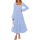 MEROKEETY Women's 2025 Long Sleeve Fall Dress Square Neck Smocked Flowy Tiered Casual Maxi Dresses with Pockets