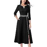 VFSHOW Womens Pleated Notch V Neck Front Slit Buttons Pockets Office Business Work Slim A-line Fit and Flare Midi Dress