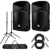 Behringer 2 Pack EUROLIVE B115D Active 1000-Watt 2-Way 15" PA Speaker System - Bundle with 2 Pack 25' XLR Microphone Cable, Turnstile Audio Tripod-Style Speaker Stand Pair
