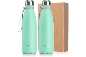 koodee Insulated Water Bottle(2 Pack) 18/8 Stainless Steel Double Wall Vacuum Water Bottle, 17 oz Cola Shape Travel Thermal Flask (2 Pack Aquamarine Blue)