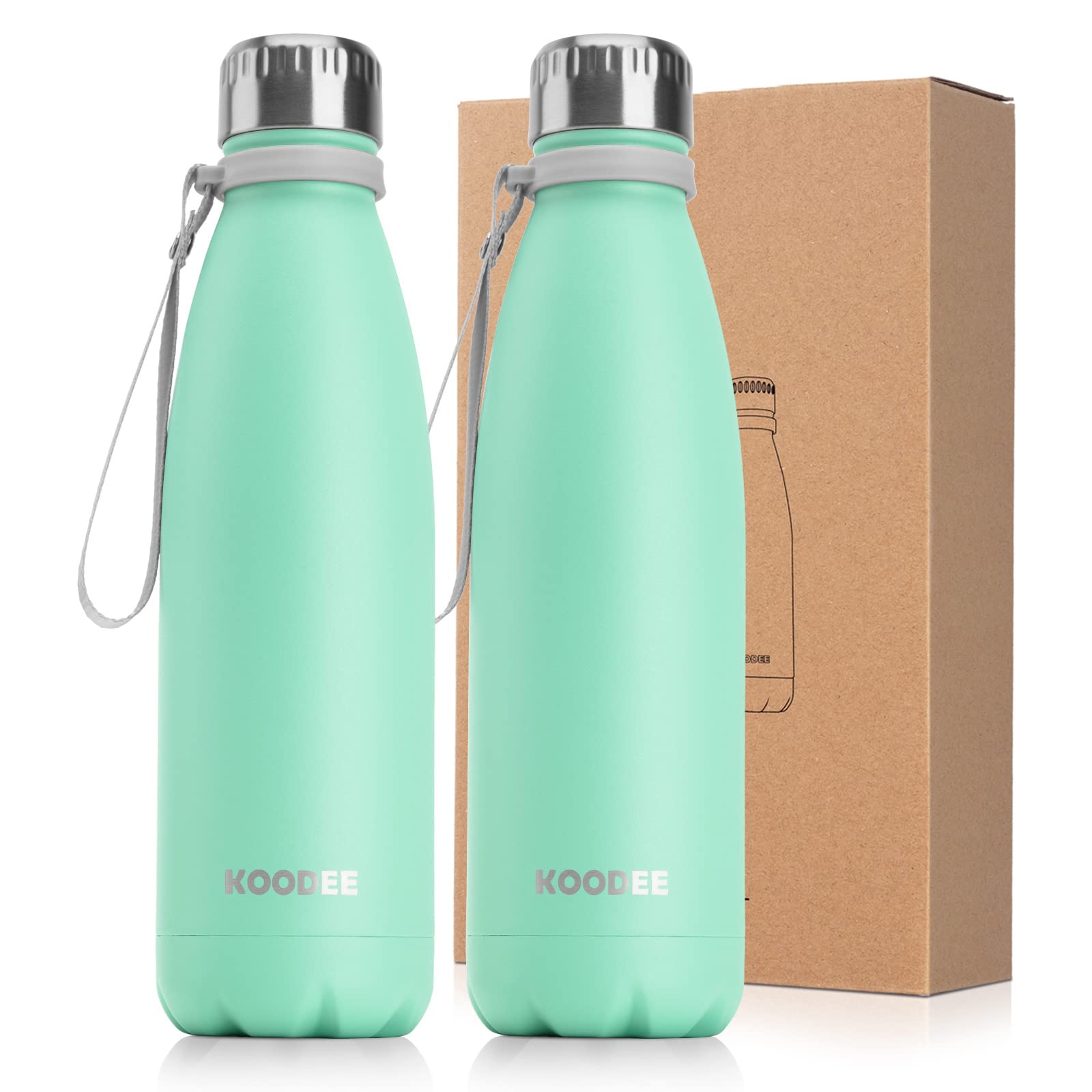 koodee Stainless Steel Water Bottle, 2 Pack 17 oz/500 ml Insulated Water Bottle, Double Wall Vacuum Sports Water Bottle, for School, Fitness, Running-PBA Free