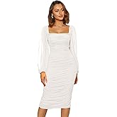 Plustrong Women's Mesh Ruched Bodycon Midi Dress Long Sleeve Square Neck Formal Cocktail Wedding Guest Dresses