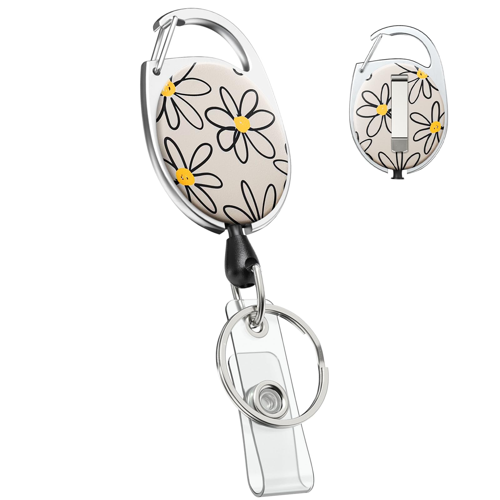 Photo 1 of Uniclife Floral Retractable Badge Reel for Badge Holder White Flower Heavy Duty Retractable Keychain Strong ABS Casing with Stainless Steel Spring Coil 24 Inch Nylon Rope Carabiner Clip and Key Ring