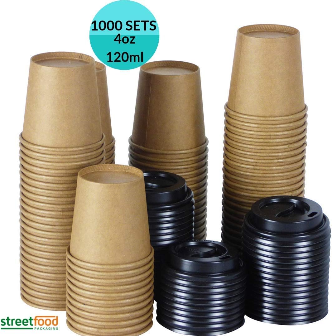 Disposable Bio Paper Coffee Cups [1000 Pieces 4oz Paper Cups + Free 1000 Black Lids] 4oz, 8oz, 10oz, 12oz Single Wall Kraft Brown Eco Bamboo Unbleached for Party Wedding Anniversary Birthday Supplies