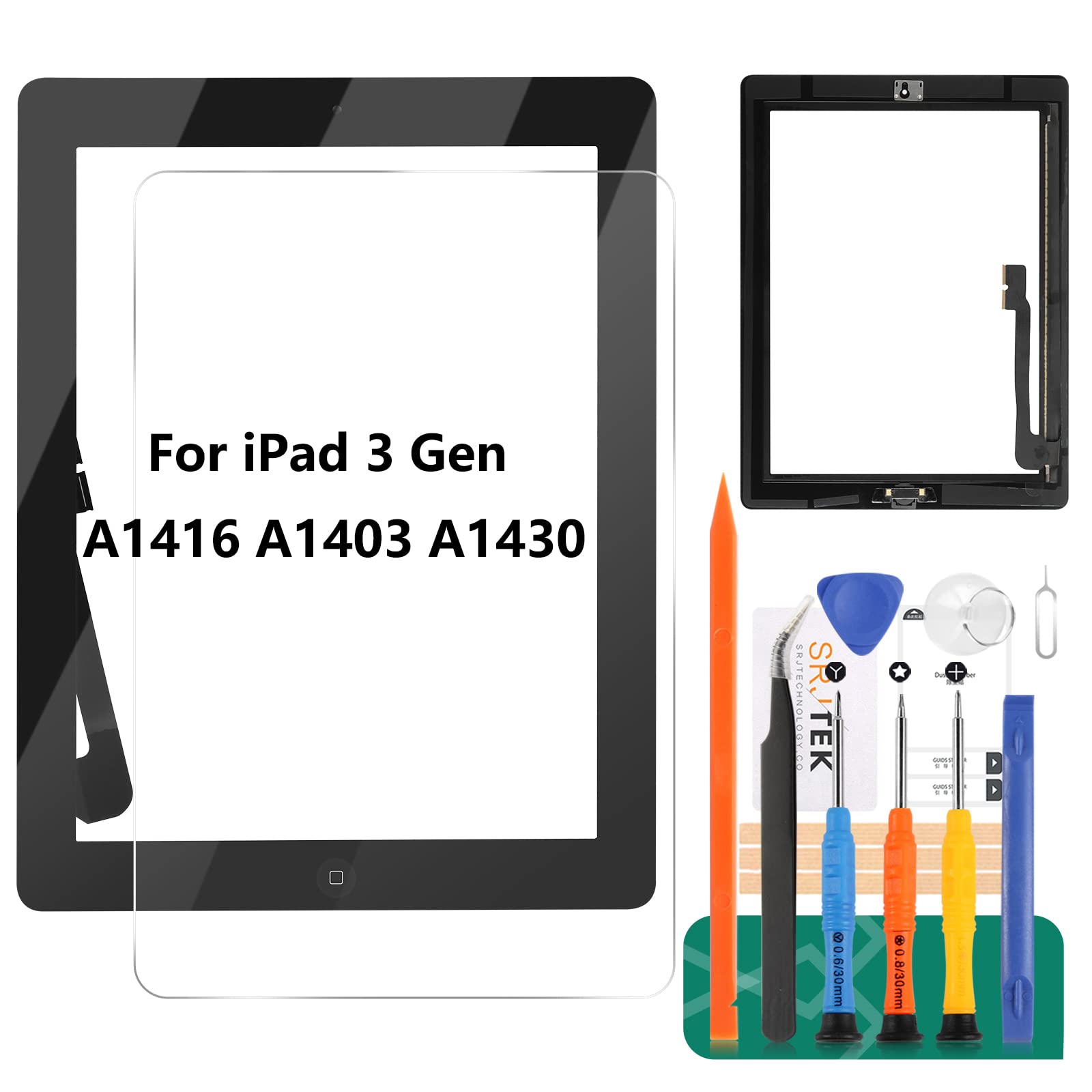 Photo 1 of for iPad 3 Screen Replacement-SRJTEK Touch Screen for iPad 3, 3rd Gen A1416 A1403 A1430 Digitizer Glass Sensor Assembly Repair Parts Kits,Include Home Button,Adhesive,Tempered Glass Black