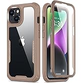 FUNMIKO for iPhone 14 Plus Clear Case with Touch-Sensitive Built-in Screen Protector,Mili-Grade Heavy Duty Protection Pass 21ft. Drop Tested Slim-fit Protective Phone Cover 6.7" Brown