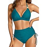 Womens High Waisted Two Piece Swimsuit - Full Coverage Bathing Suit Tummy Control Bikini Set Halter Push Up Swimwear 2025