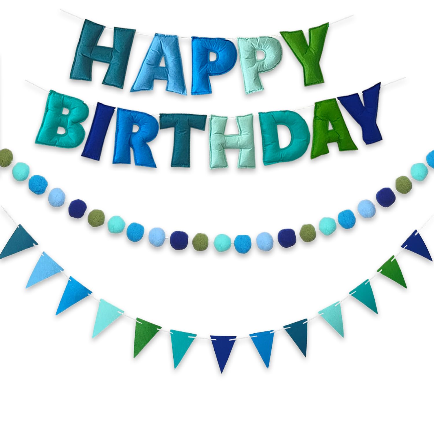 Reusable Felt Happy Birthday Banner - Felts Fabric Banner Felt Ball Garland - Happy Birthday Garland, Handmade Letters & Balls Personalized Party Sign for Birthdays Party Decorations (Blue 2) — image 1